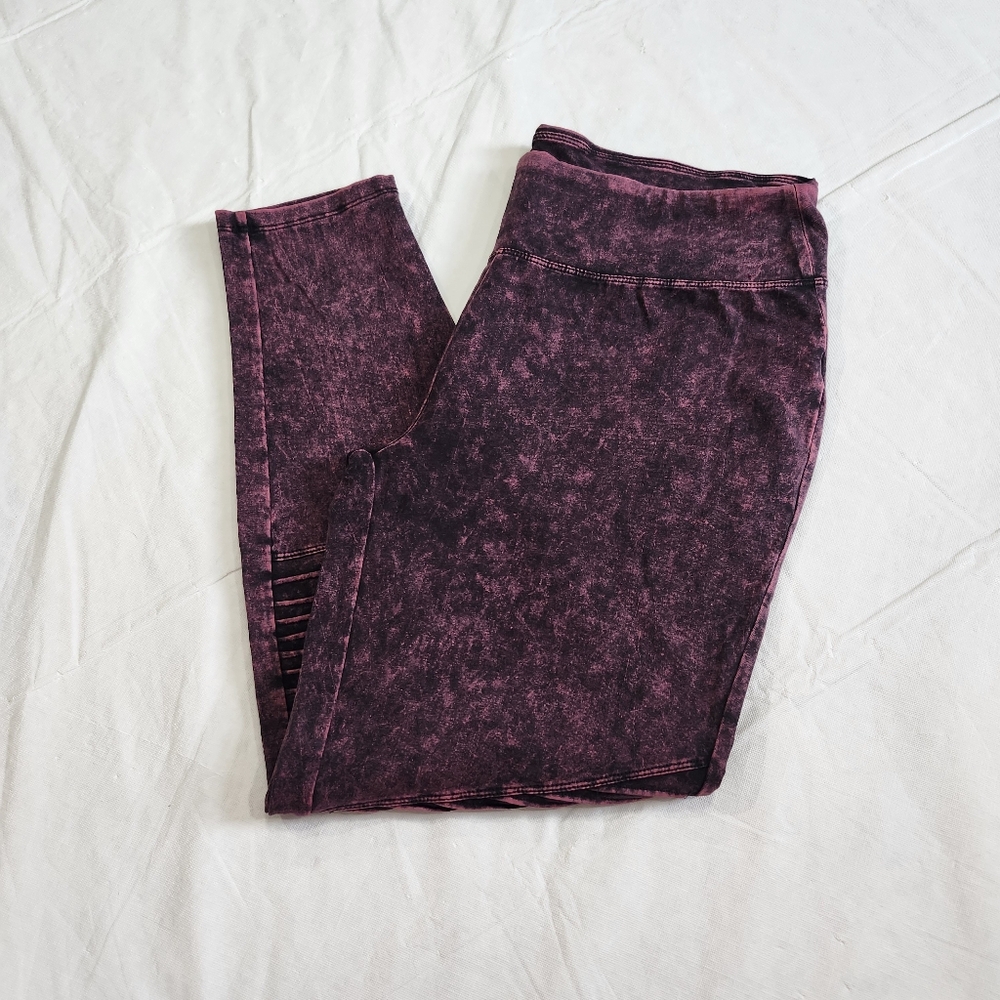 Zenana Material washed wide waistband moto leggings Plum - Picture 2 of 12